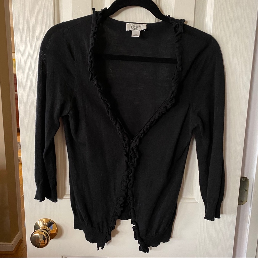 Loft Ruffled V-Neck Cardigan in Black